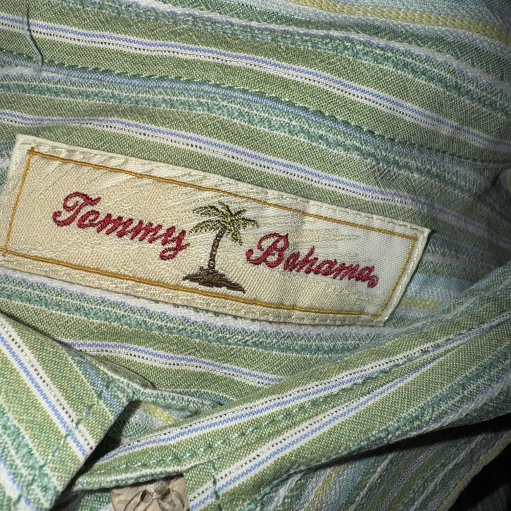 Tommy Bahama Shirt Mens Large Button Up Striped Short Sleeve Casual 100%‎ SIlk